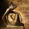 Beautiful woman nude seating on table, Original oil painting by Artist Serge Ignatenko