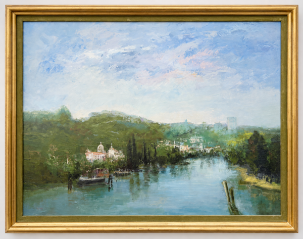 Marcel Peltier River Landscape 1975 oil on canvas in gilt frame