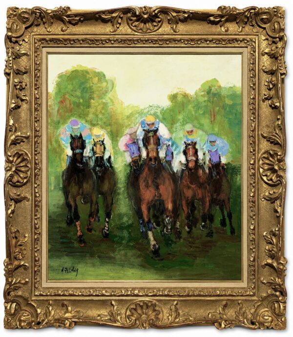 Marcel Peltier Horses 1994 signed oil on canvas horse racing painting