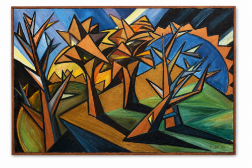 V. LdeC Geometric Forest 1970 signed oil on canvas modernist landscape